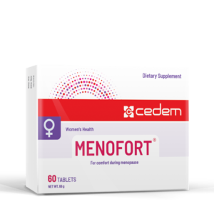 MENOFORT supplement alleviates menopause symptoms like hot flushes and irritability, featuring gluten- and lactose-free ingredients for comfort.