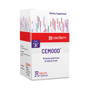 CEMOOD mood support supplement with L-Tryptophane, Ginseng, Magnesium for stress relief and mental health. Gluten and lactose-free. Cedem ag.