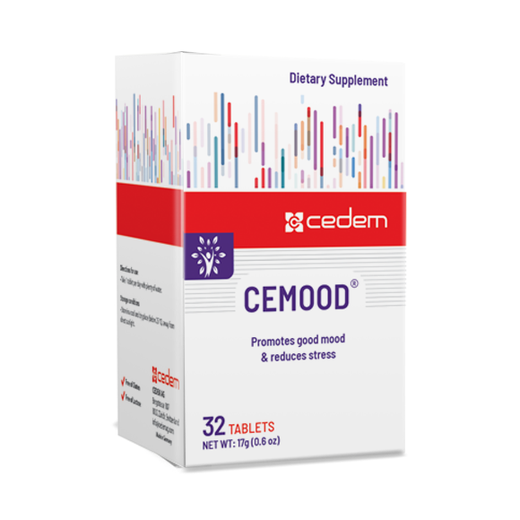CeMood CEMOOD mood support supplement with L-Tryptophane, Ginseng, Magnesium for stress relief and mental health. Gluten and lactose-free. Cedem ag.