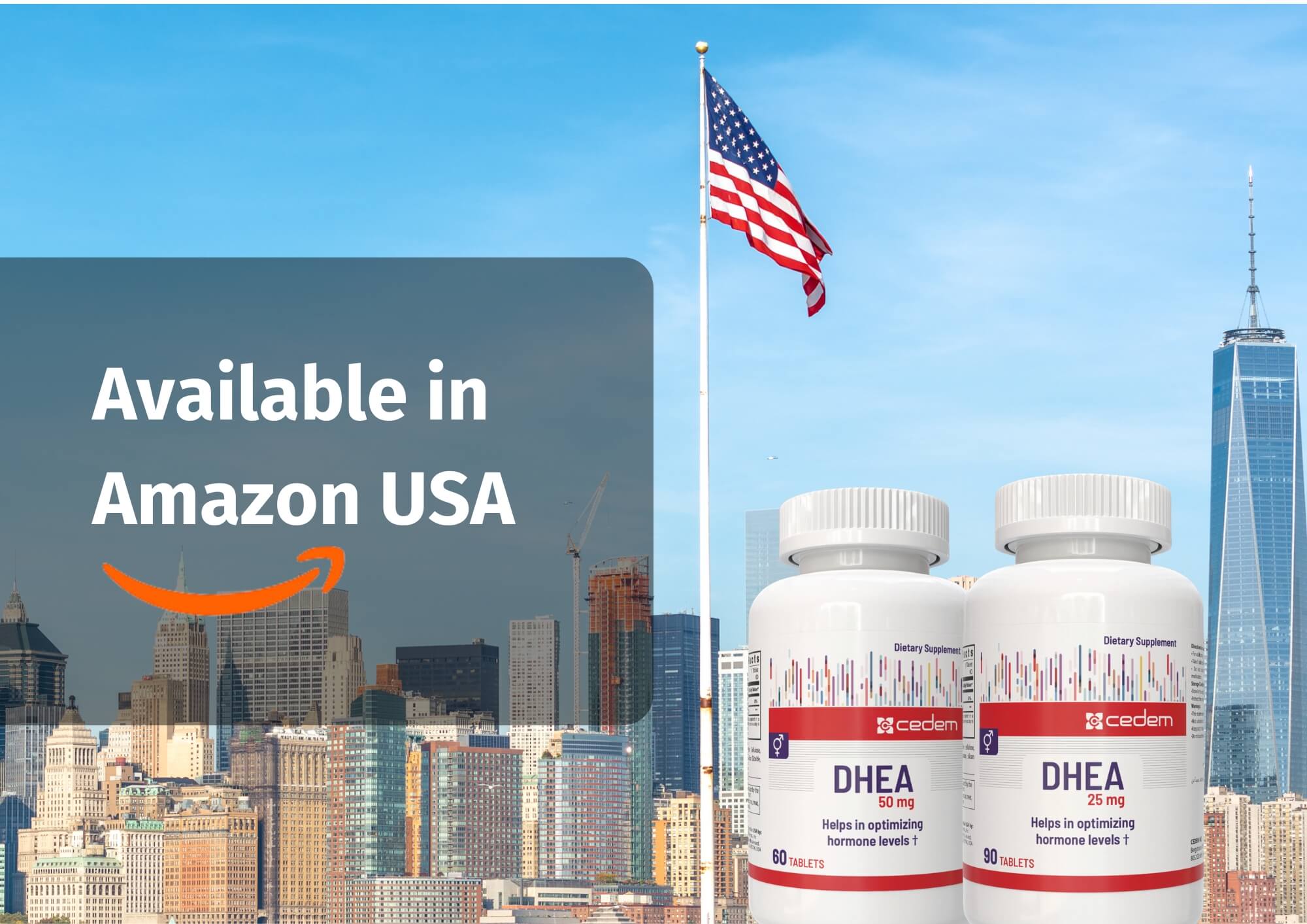 CEDEM DHEA supplements available on Amazon USA, featuring 25 mg and 50 mg formulations for hormonal health support, set against a New York City skyline with the American flag.
