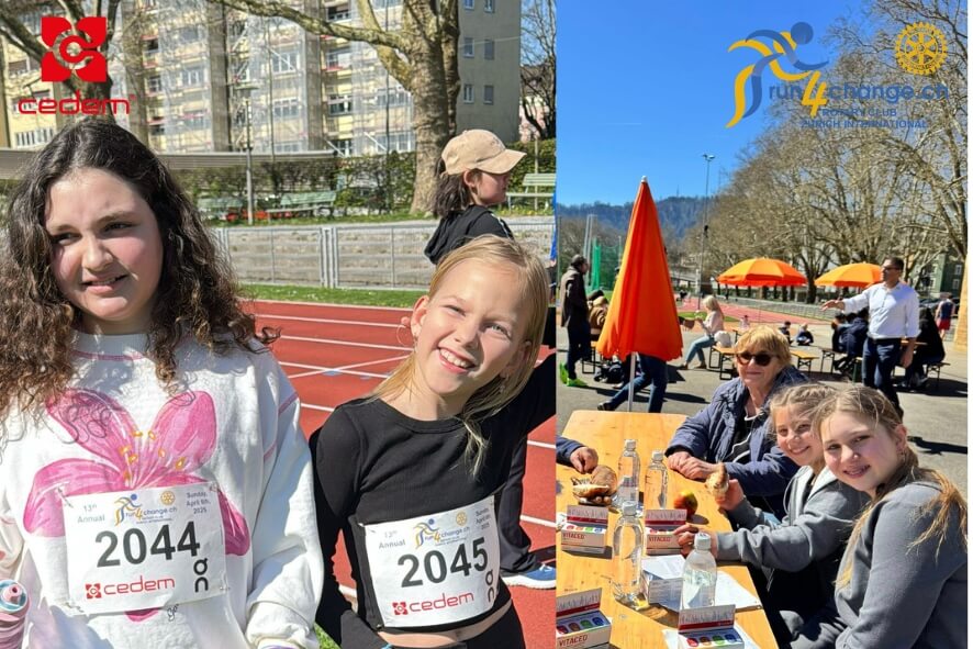 Children participating in Run4Change 2025 at Sportzentrum Sihlhölzli in Zurich, wearing CEDEM-sponsored race bibs, with families enjoying refreshments nearby. Organized by Rotary Club Zurich International and supported by CEDEM to aid hearing-impaired children in Jordan.